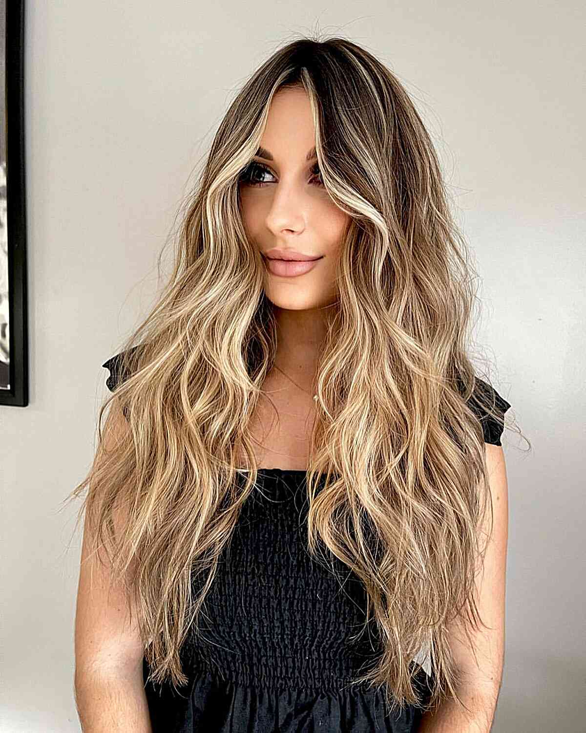 Long Beachy Waves and Rooted Blonde Highlights for Thicker Locks