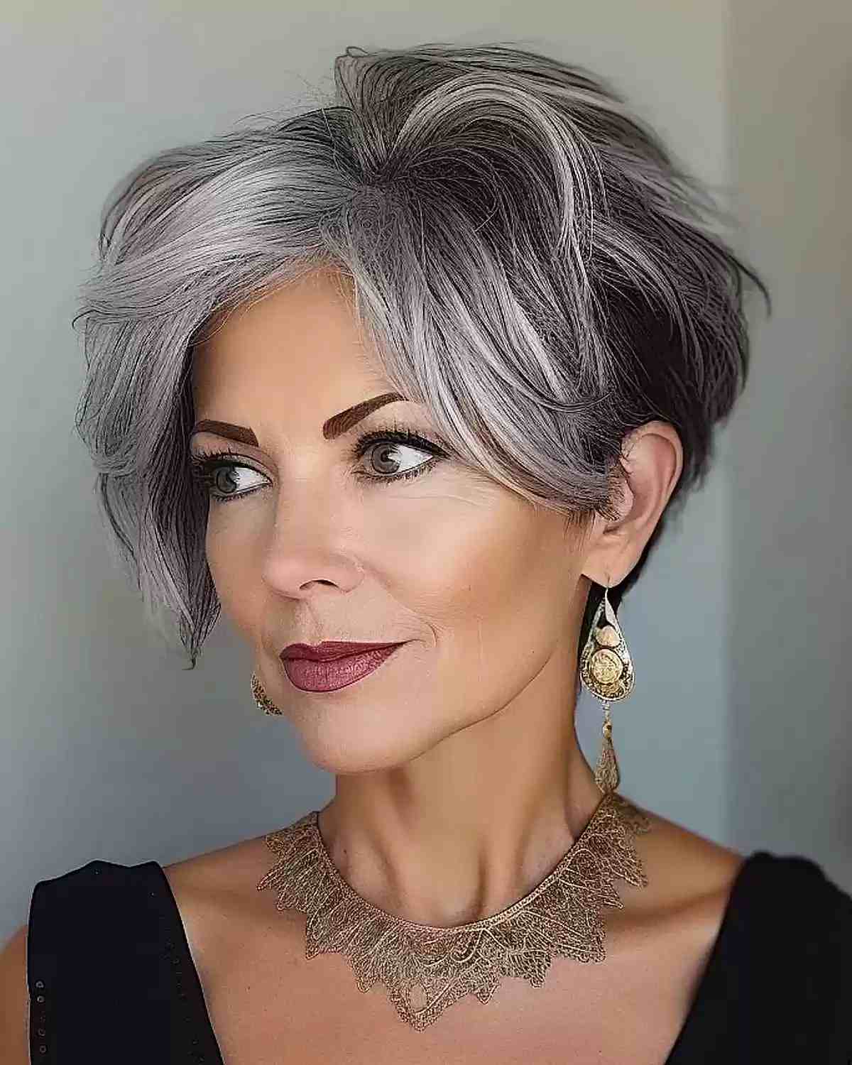 Long Bixie Cut with Grey Balayage for a Woman Aged 50