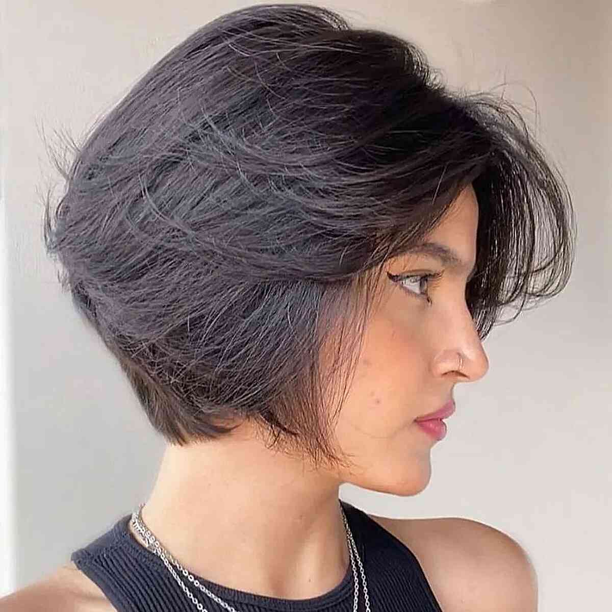 Long Bixie with Visible Layers for ladies with very dark hair