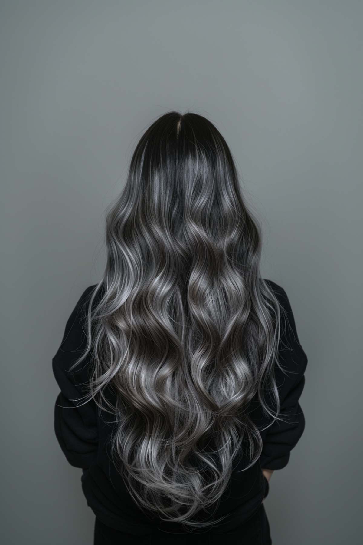 Long black hair with silver ombre waves