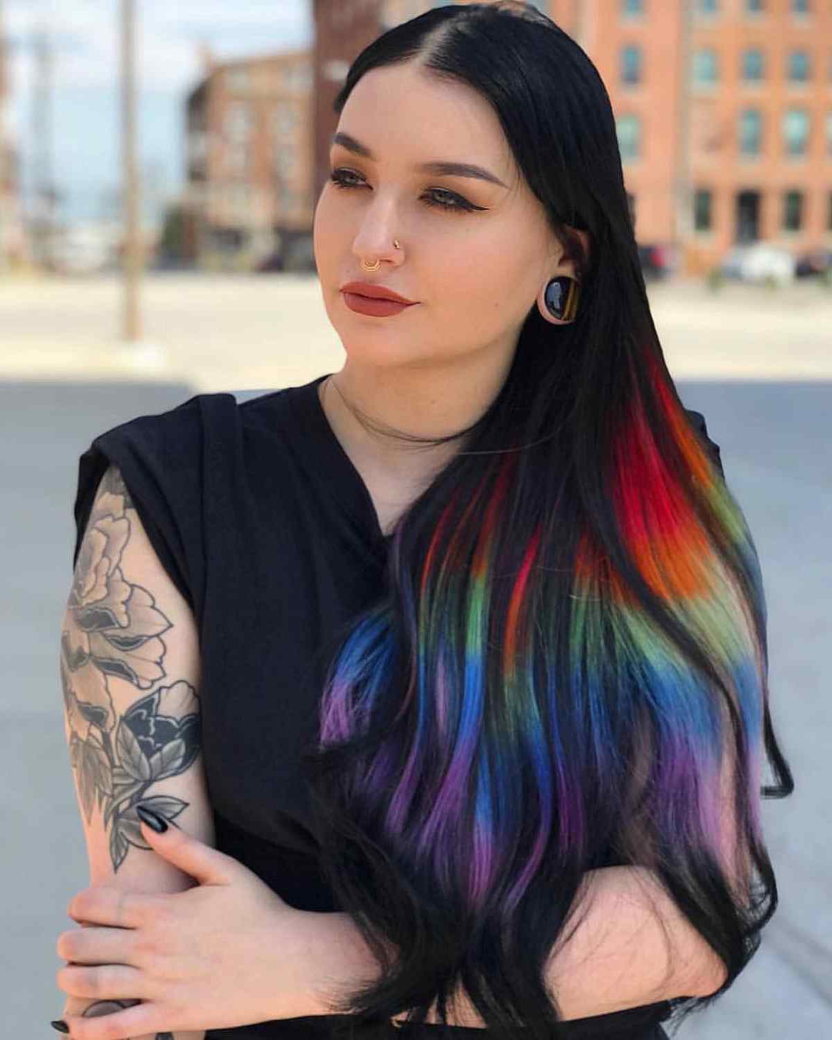 Long Black Hair with Rainbow Prism Streaks