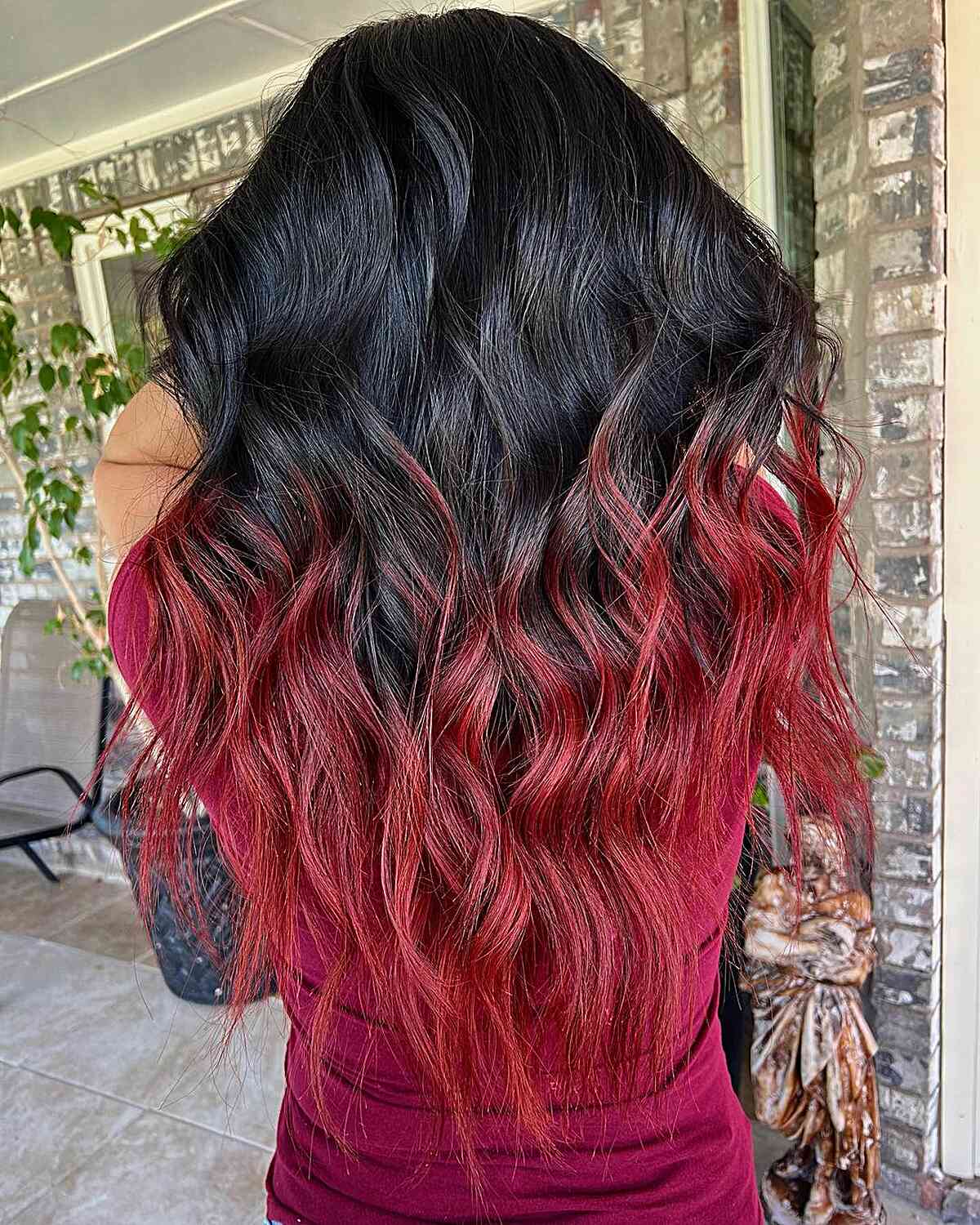 Long Black Roots to Deep Red Ombre Hair