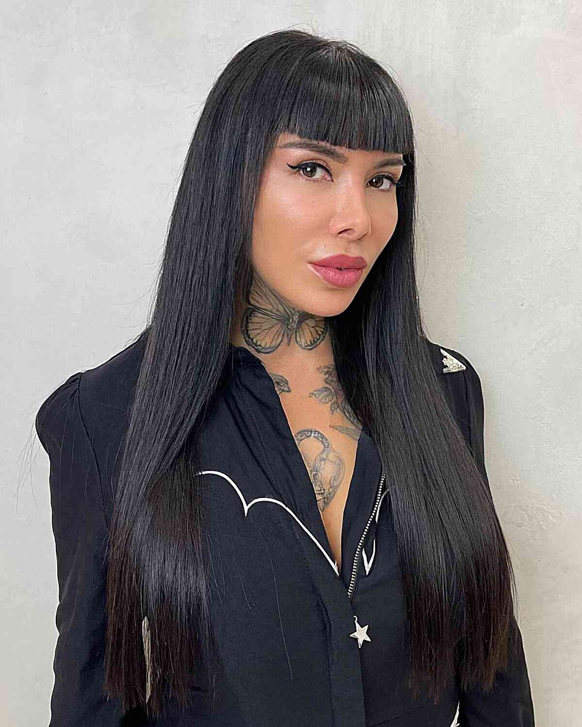 Long Black Straight Hair with Straight, Blunt Bangs