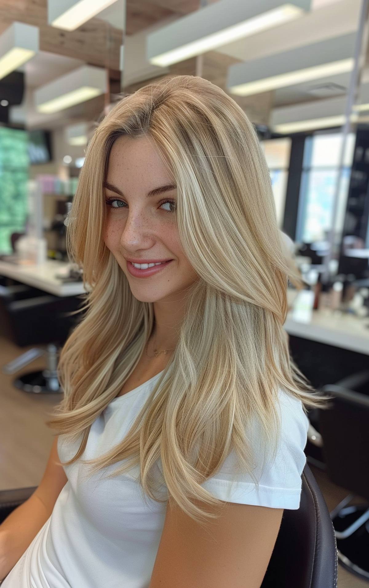 Long blonde hair with voluminous blowout and subtle waves