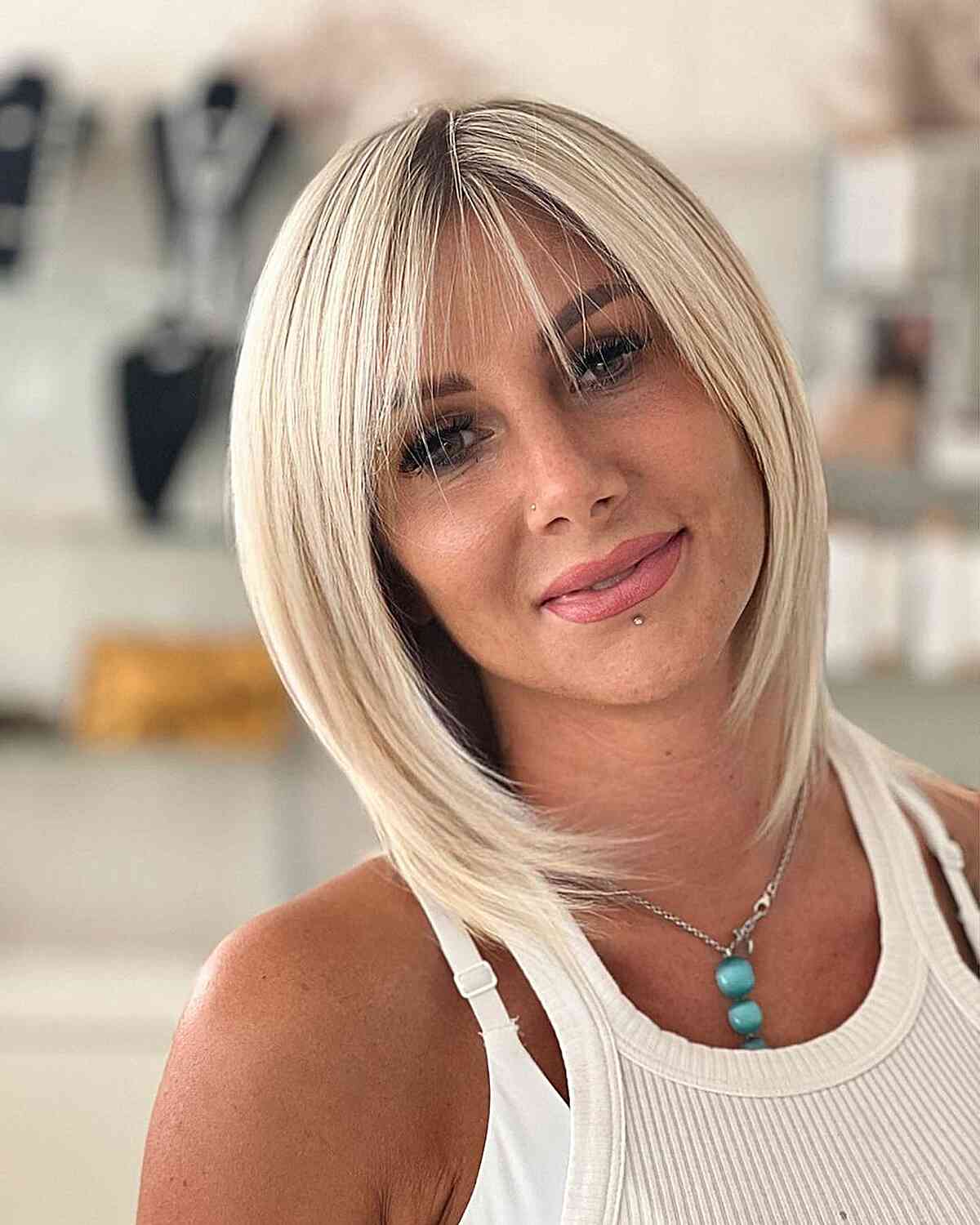 Long Blonde Bob with Waterfall Bangs for straight hair