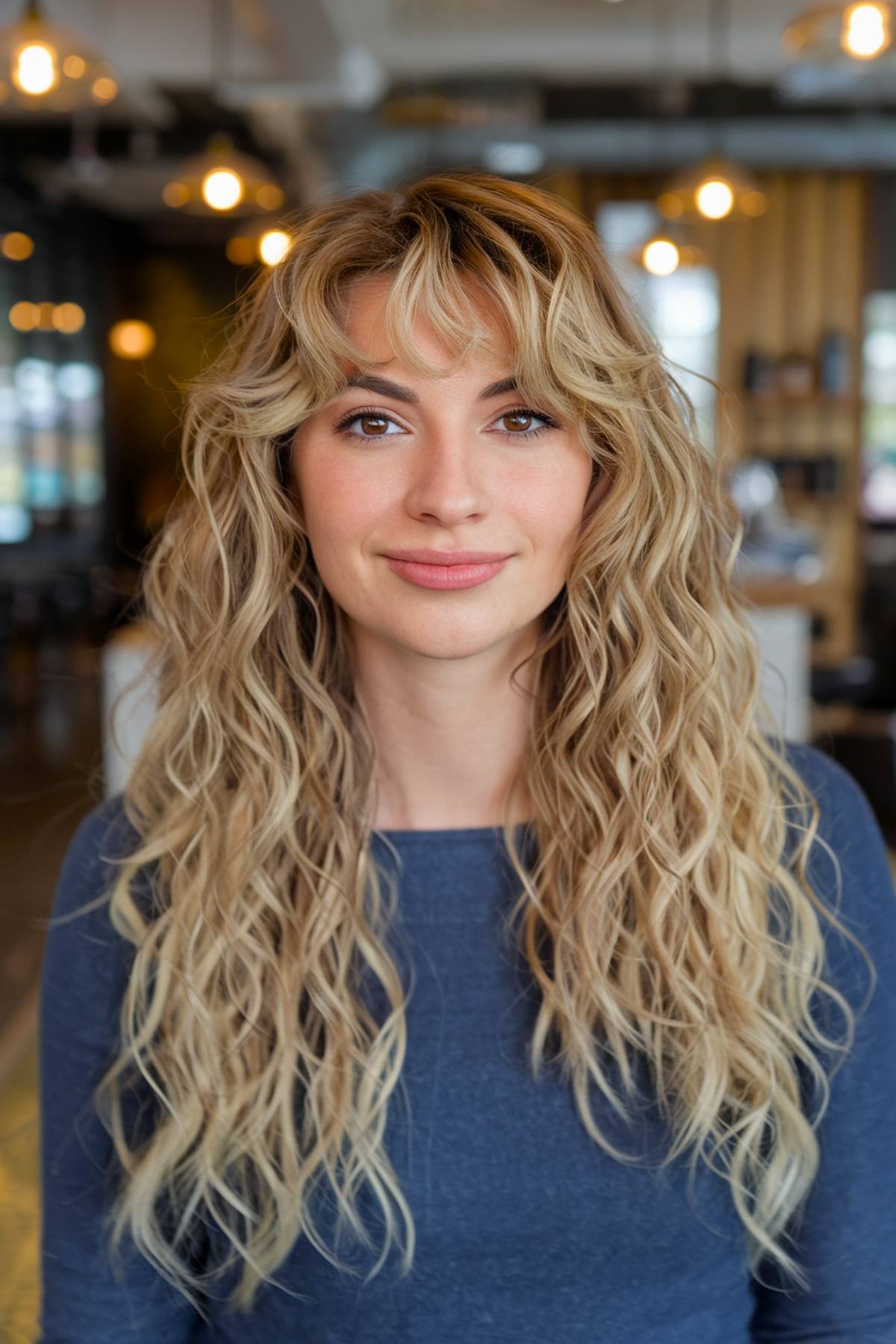 Voluminous long blonde curls paired with wispy bangs for a romantic and playful finish