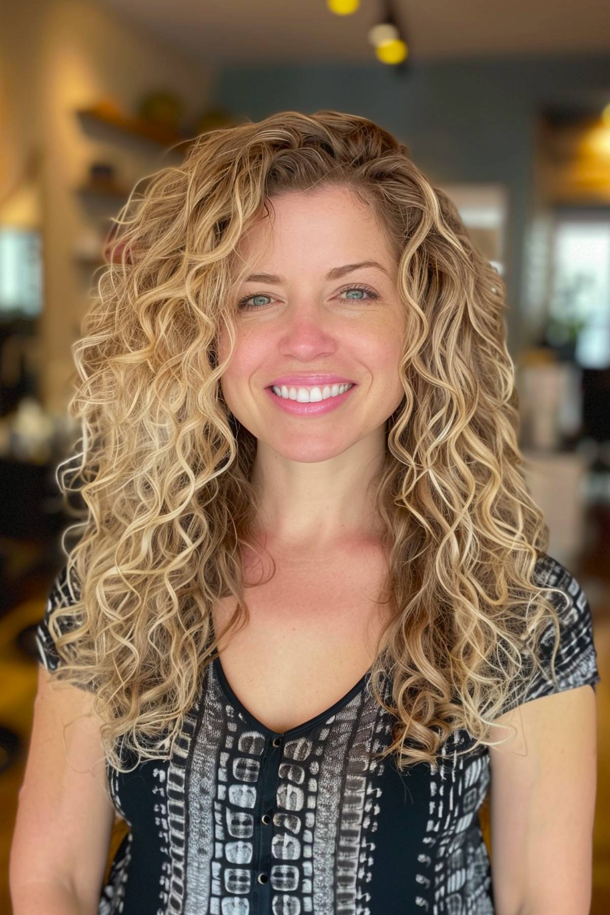 Long blonde face-framing curly hair