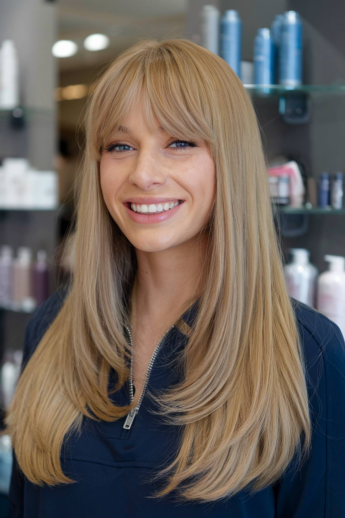 Long, sleek blonde hair with layered ends and soft curtain bangs for a polished, voluminous finish