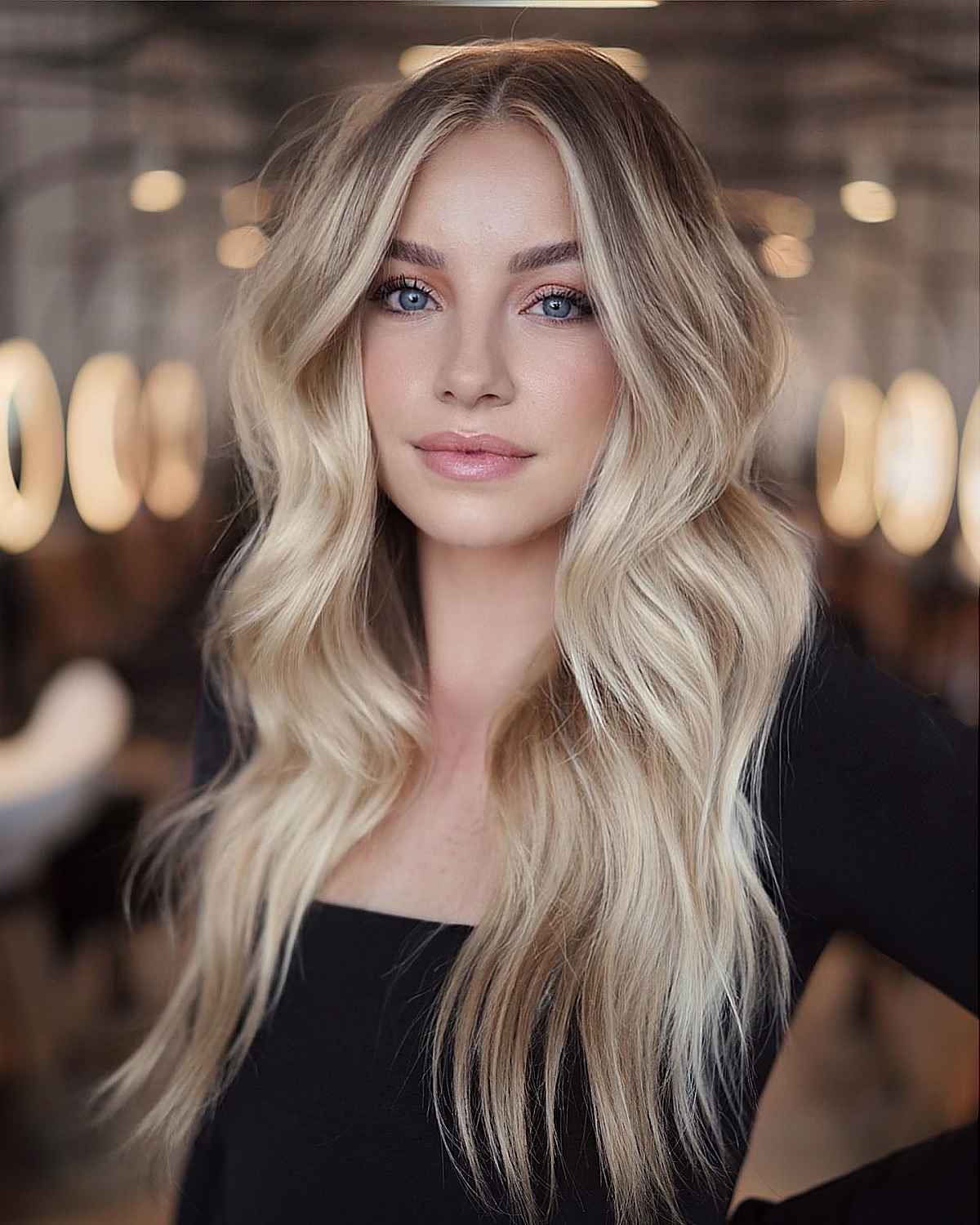 long blonde hair with a center part