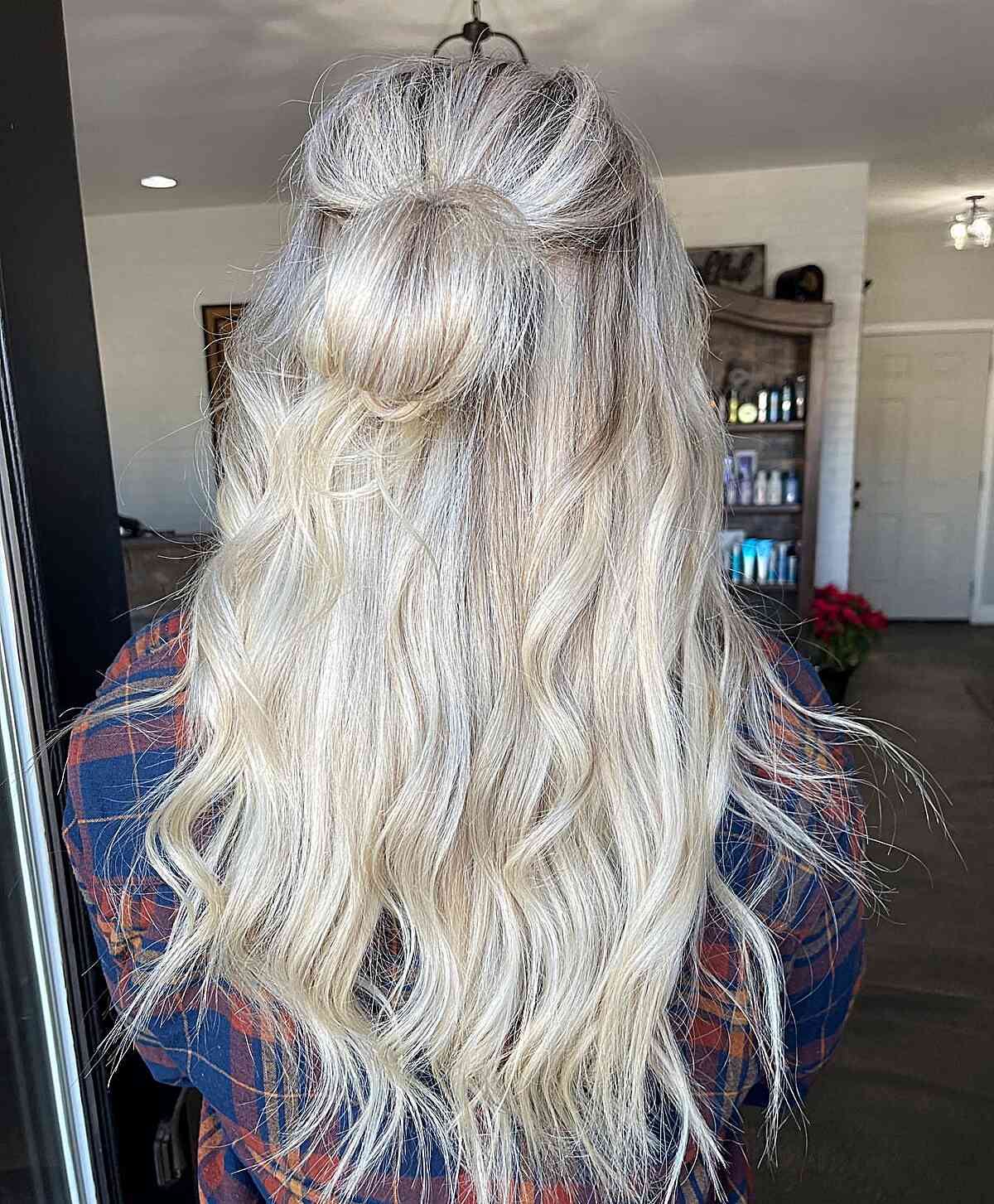 long blonde half up bun hairdo