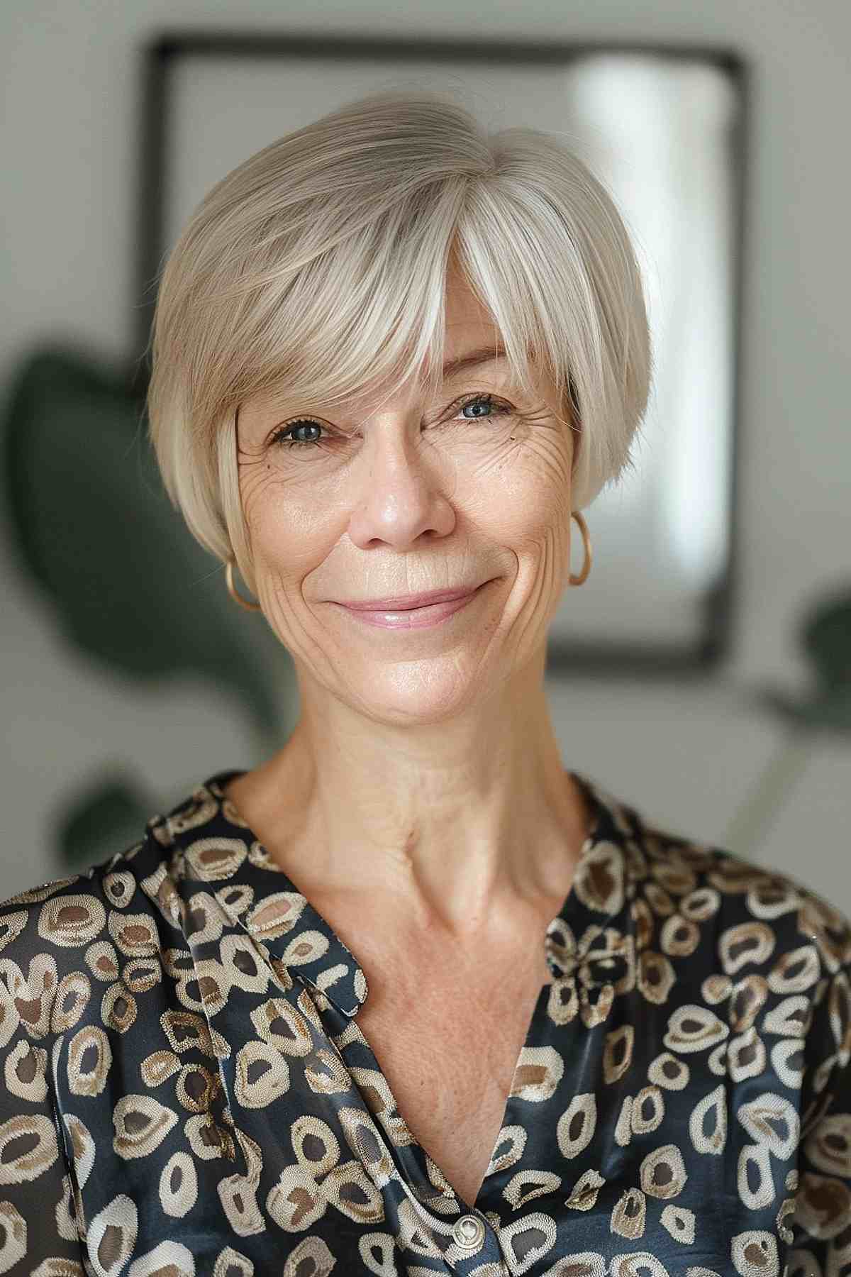 Woman with a blonde pixie cut, feathered layers, and bangs