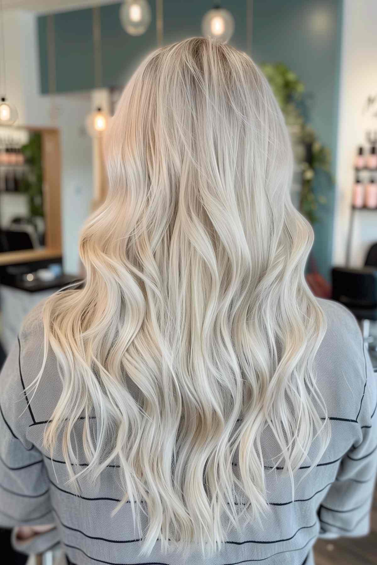 Back view of long blonde waves with cool tones