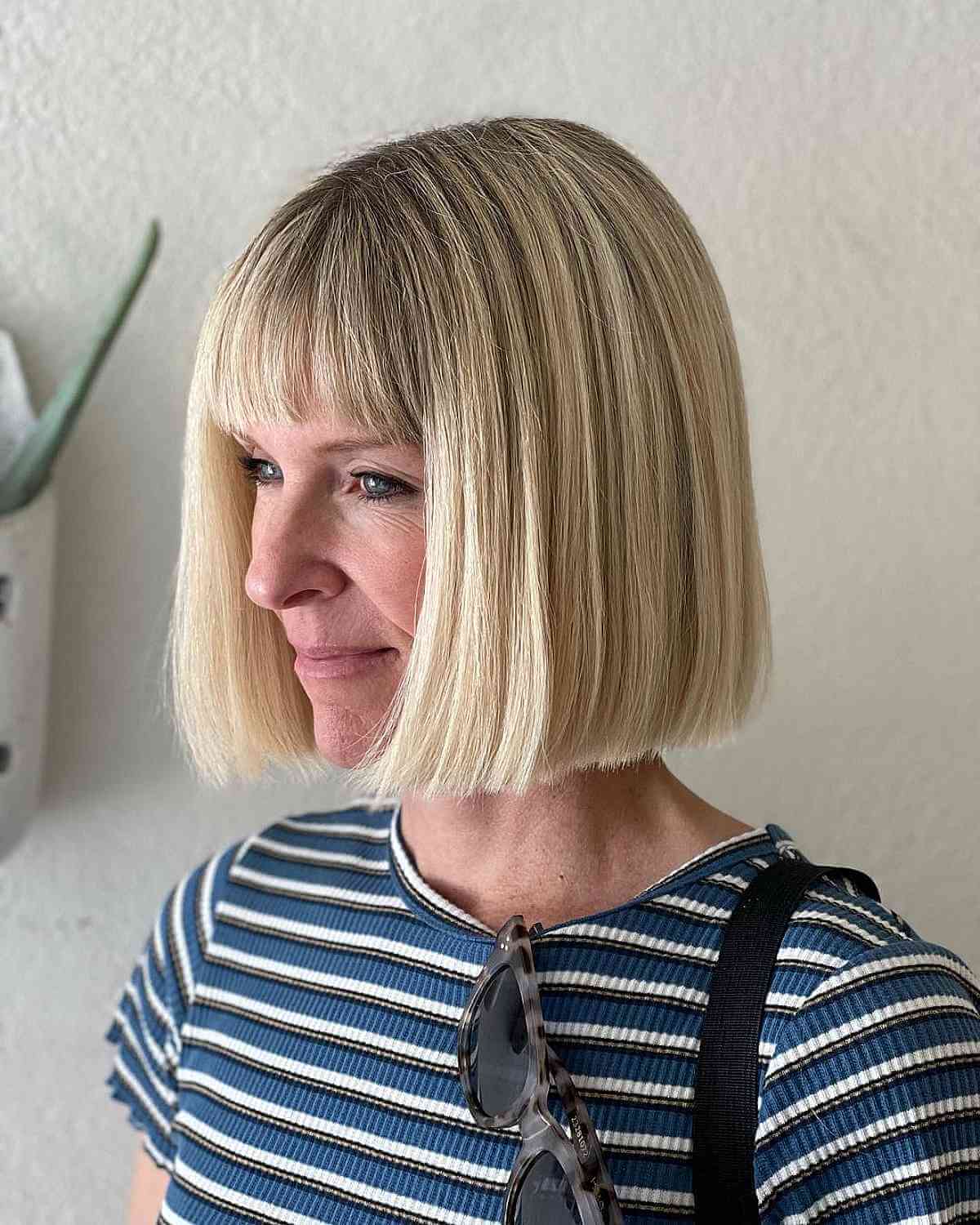 Long Blunt Bob with Full Bangs for Ladies Over 40
