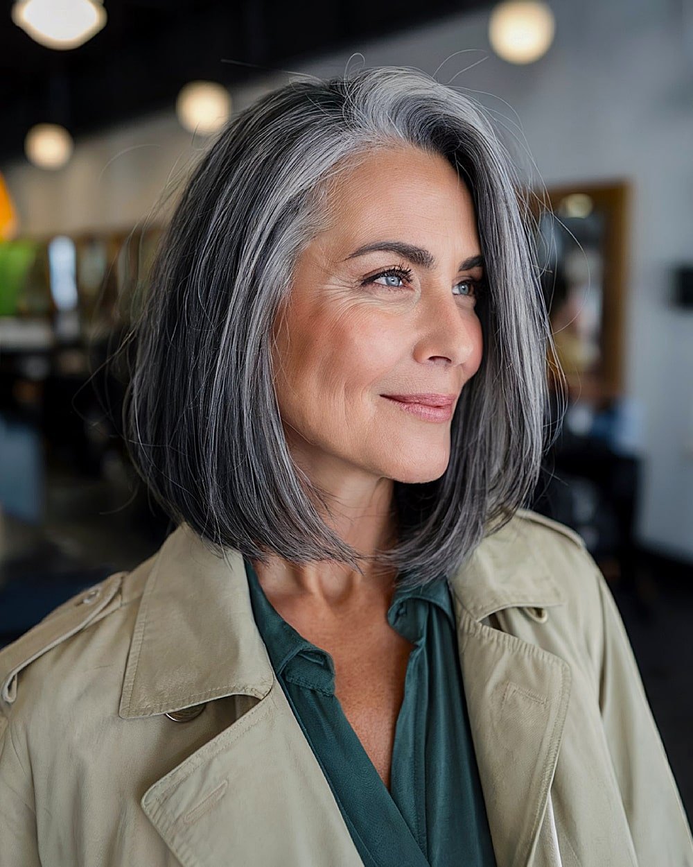 A-line long bob with crown volume for women over 50 with straight or slightly wavy hair