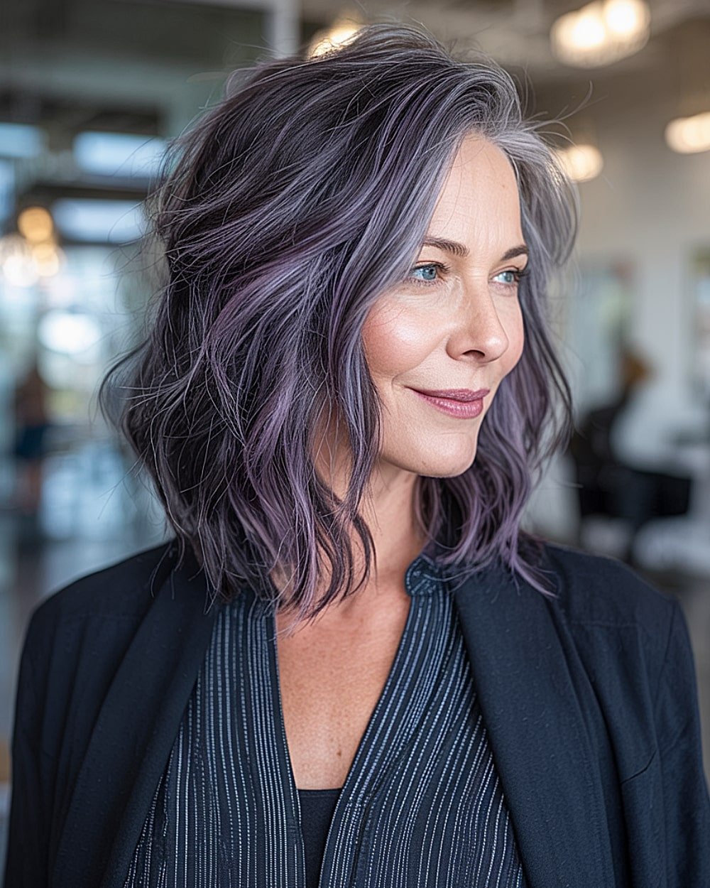 Disconnected long bob with chunky layers and textured finish for bold women over 50