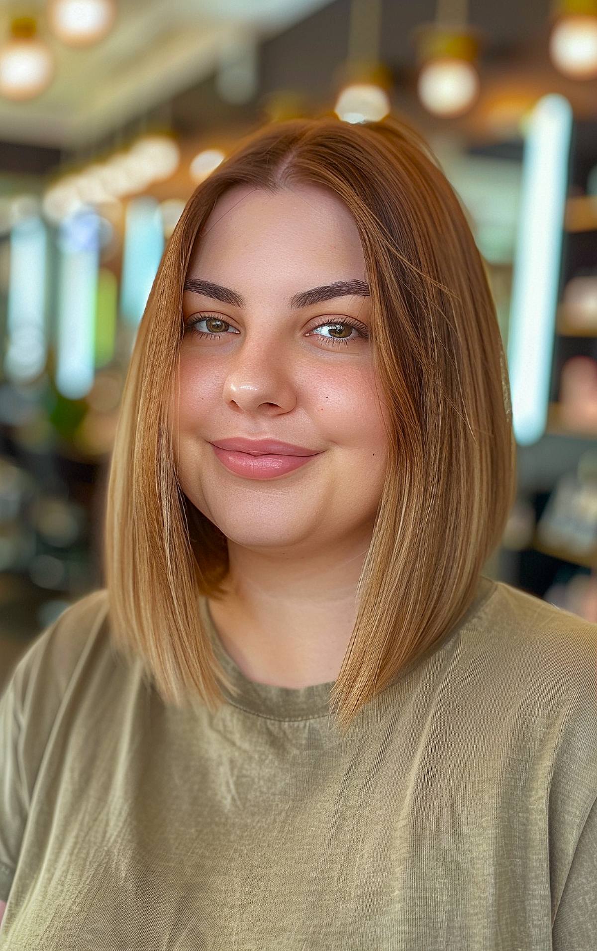 Long bob hairstyle for chubby faces with a middle part