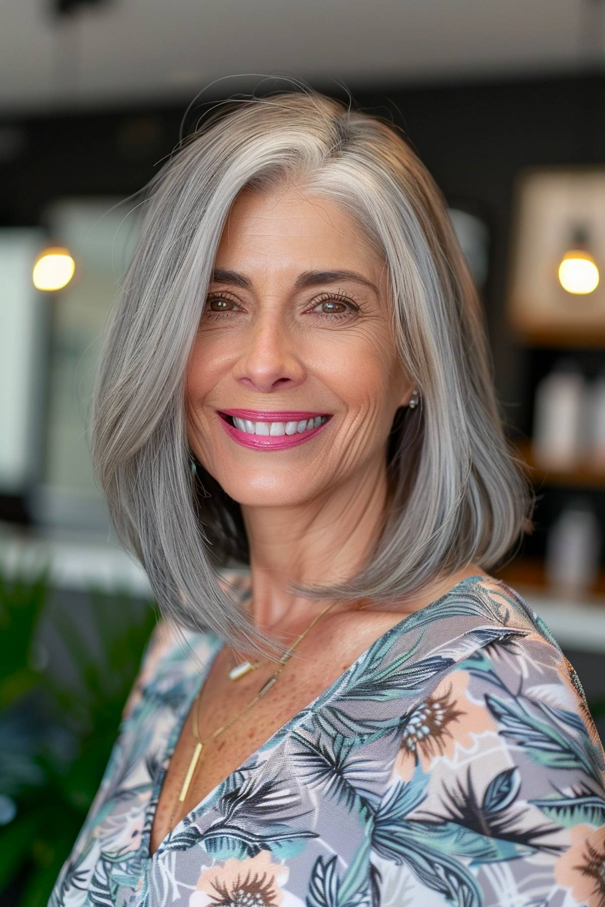 Long bob hairstyle grey hair