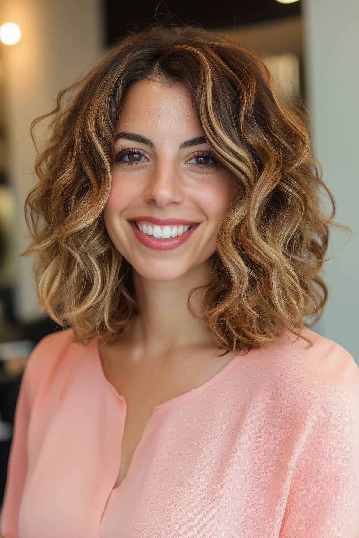 long bob hairstyles curly with defined curls, shoulder-length cut, and caramel highlights