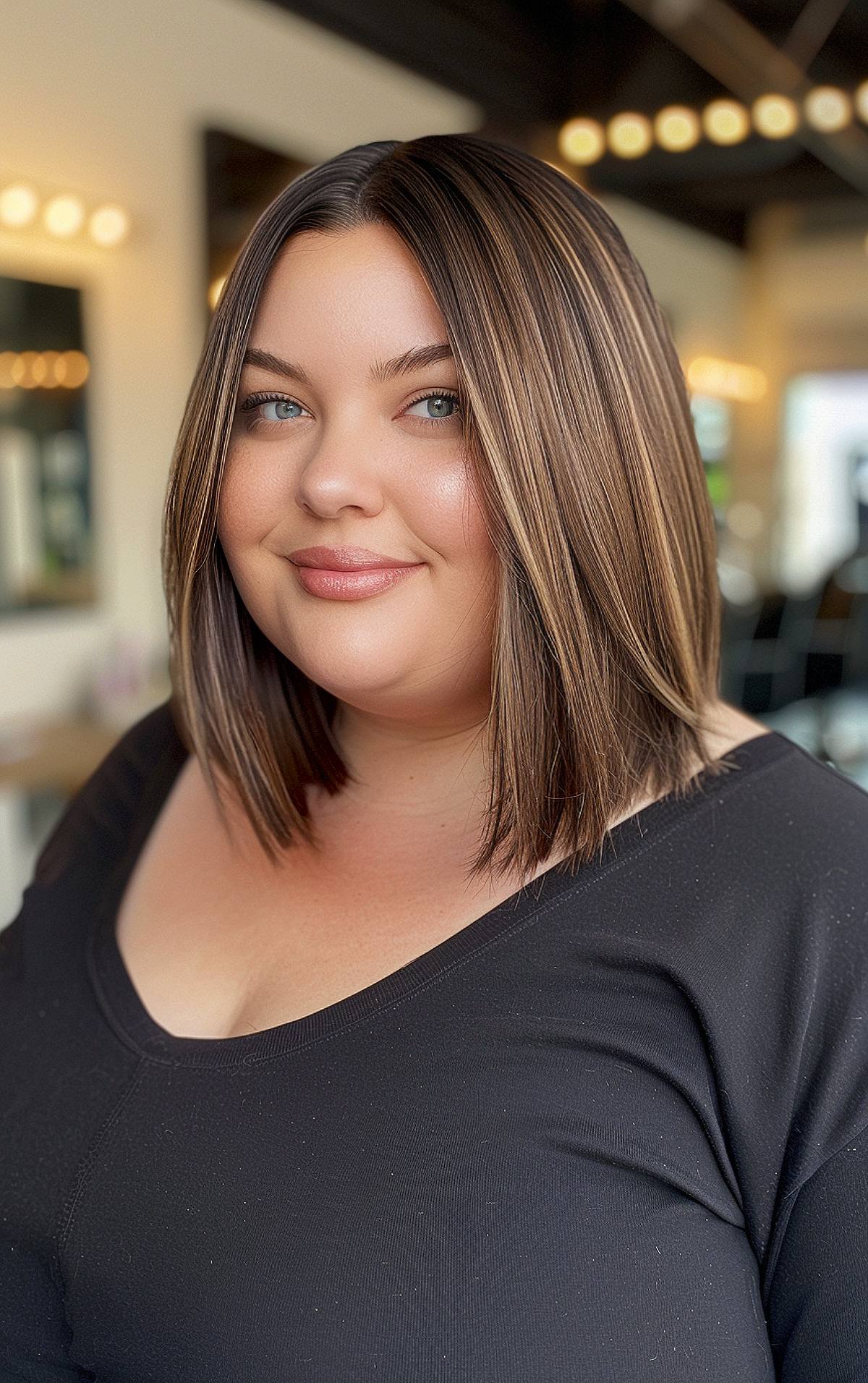 Long bob hairstyle for thick hair and chubby face