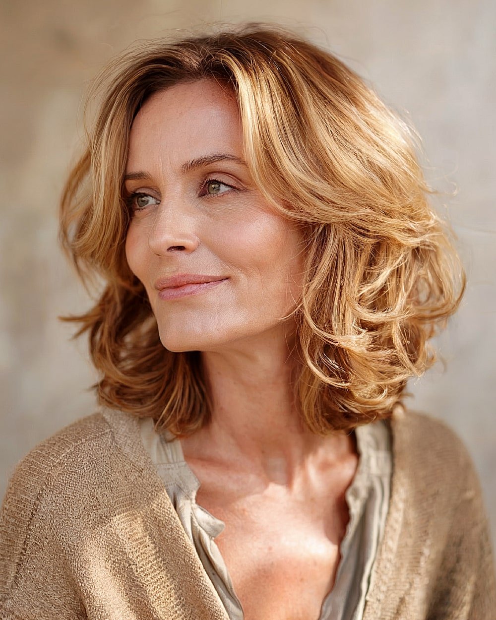 Glowbob haircut for women over 50 with voluminous curls and golden blonde tones