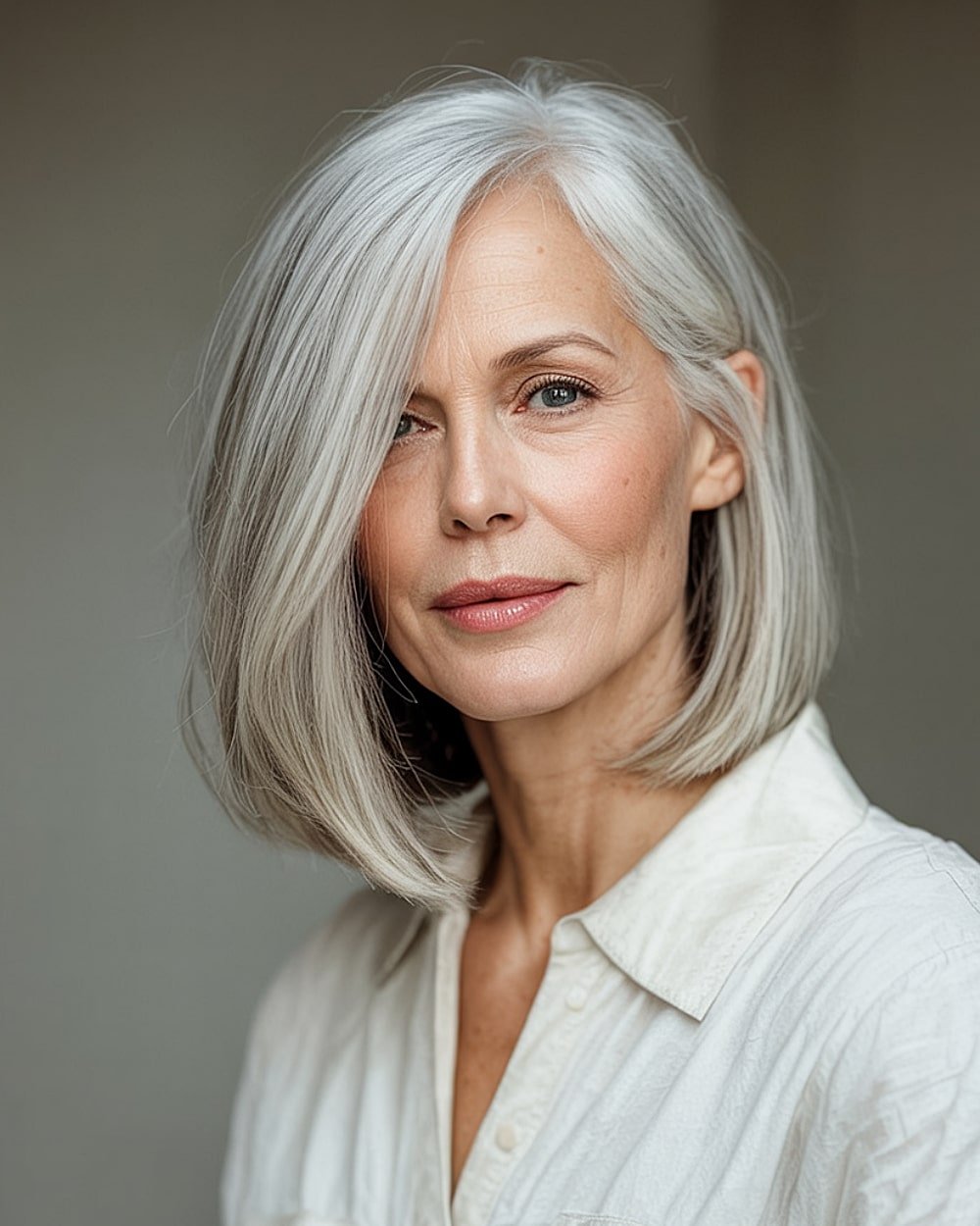 Silbob hairstyle for women over 50 with gray or white straight hair and refined structure