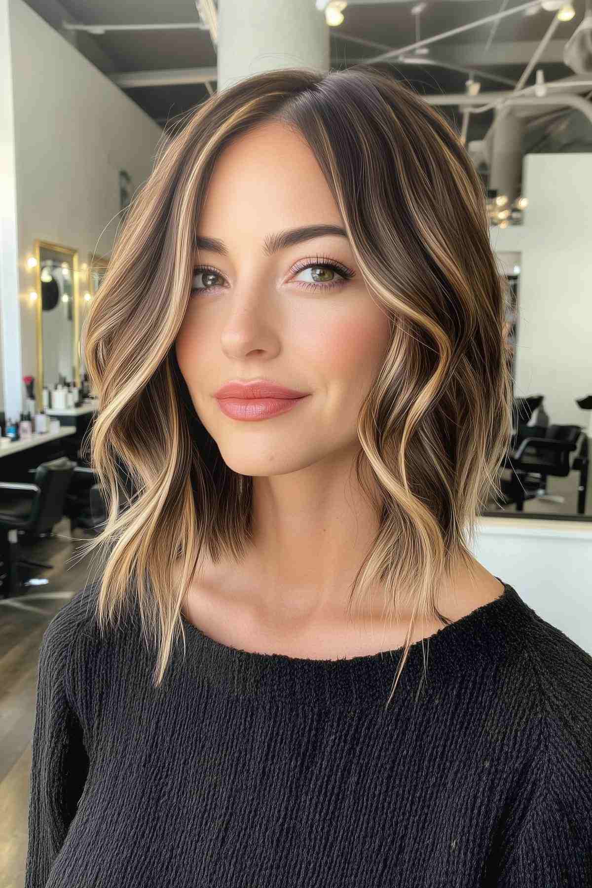 long bob hairstyles with highlights featuring soft waves and golden blonde accents