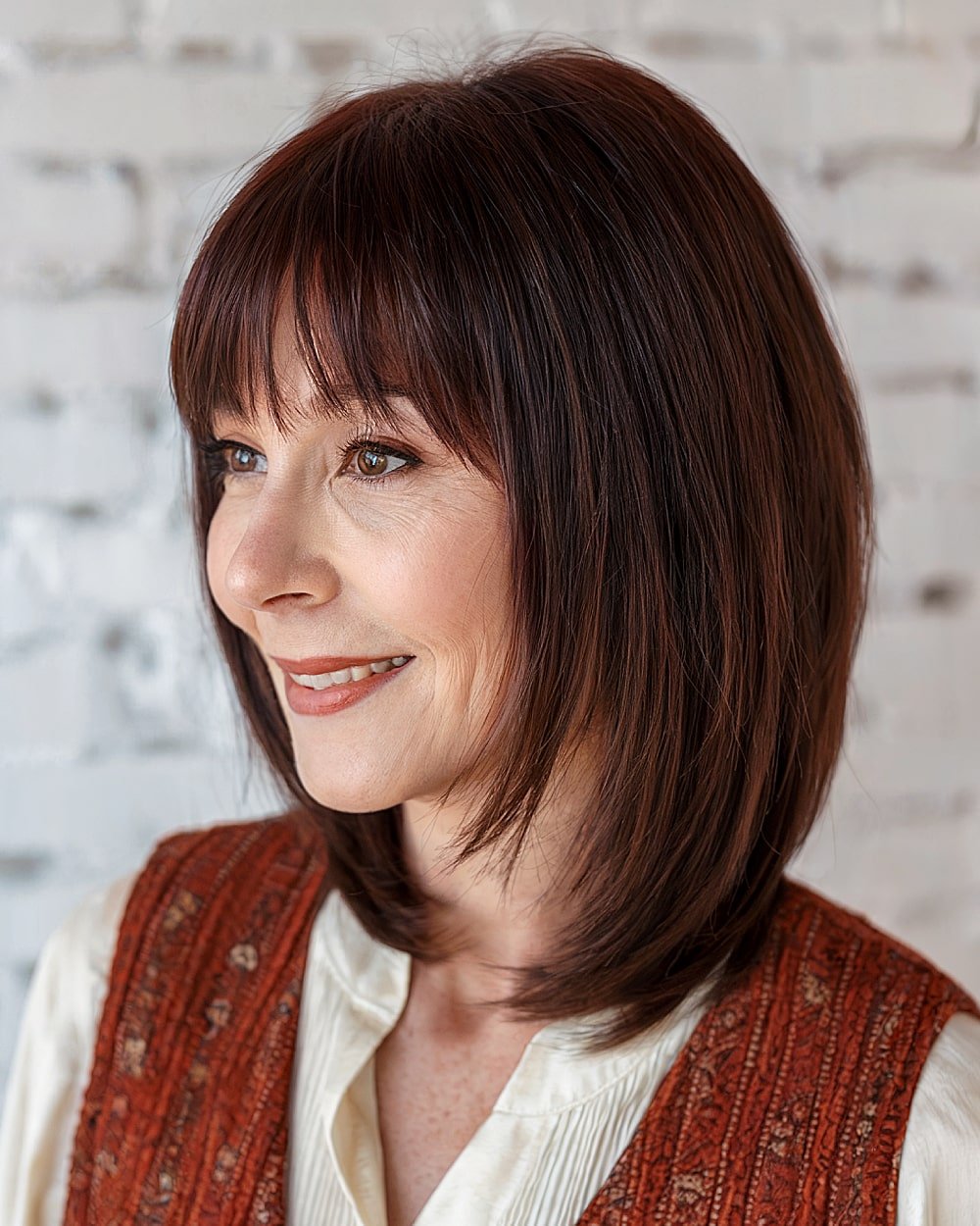Inverted long bob with wispy bangs for women over 50 with fine straight hair and round faces