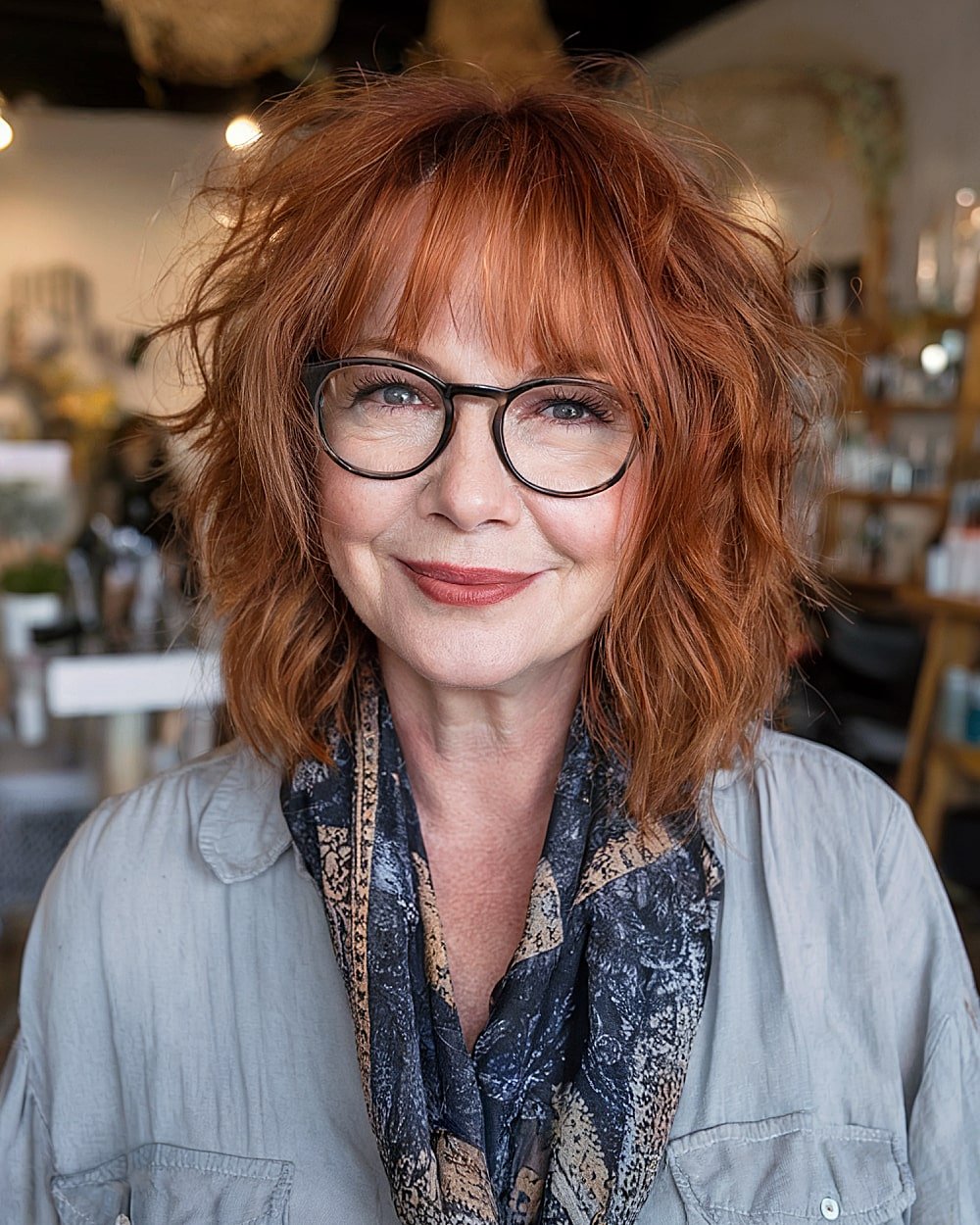 Shaggy long bob with piecey texture and bangs for women over 50 with natural waves.