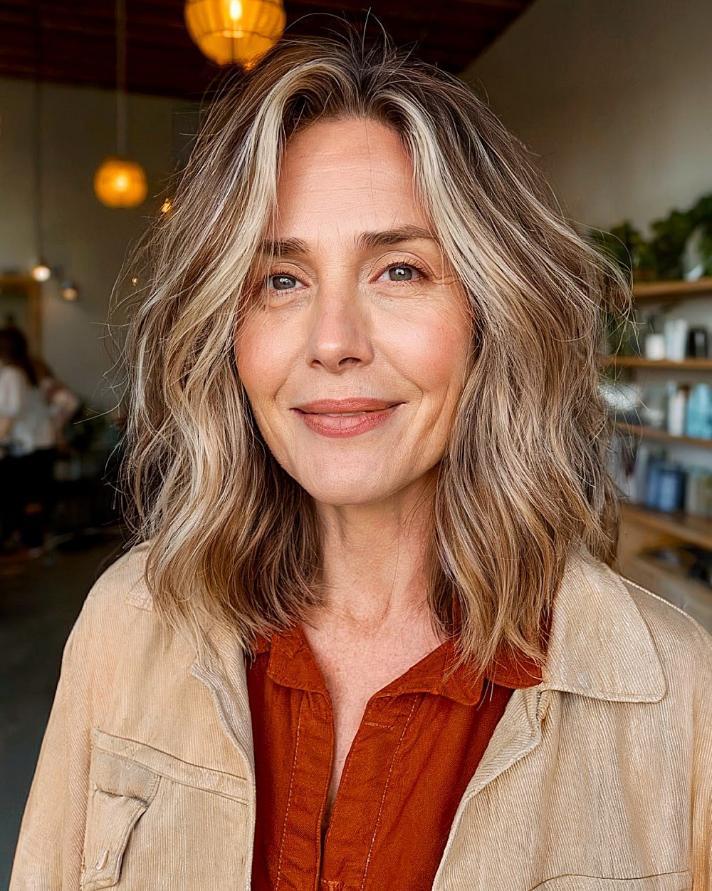 Textured long bob with shadow root color for women over 50 embracing soft dimension