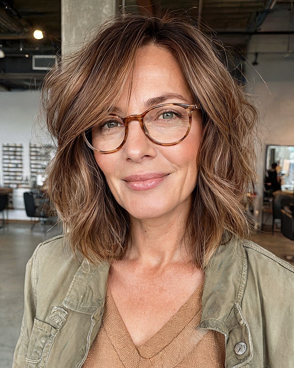 Textured long bob with side bangs for women over 50 and fine to medium hair types