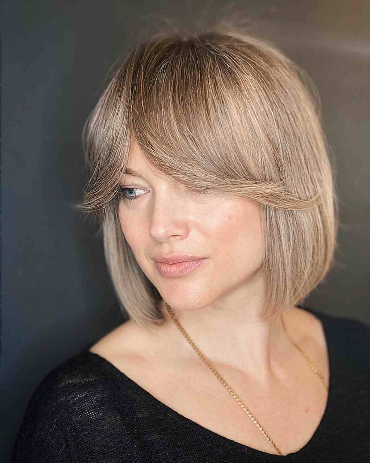 Long Bob with Curtain Bangs for Square Faces with Straight Hair