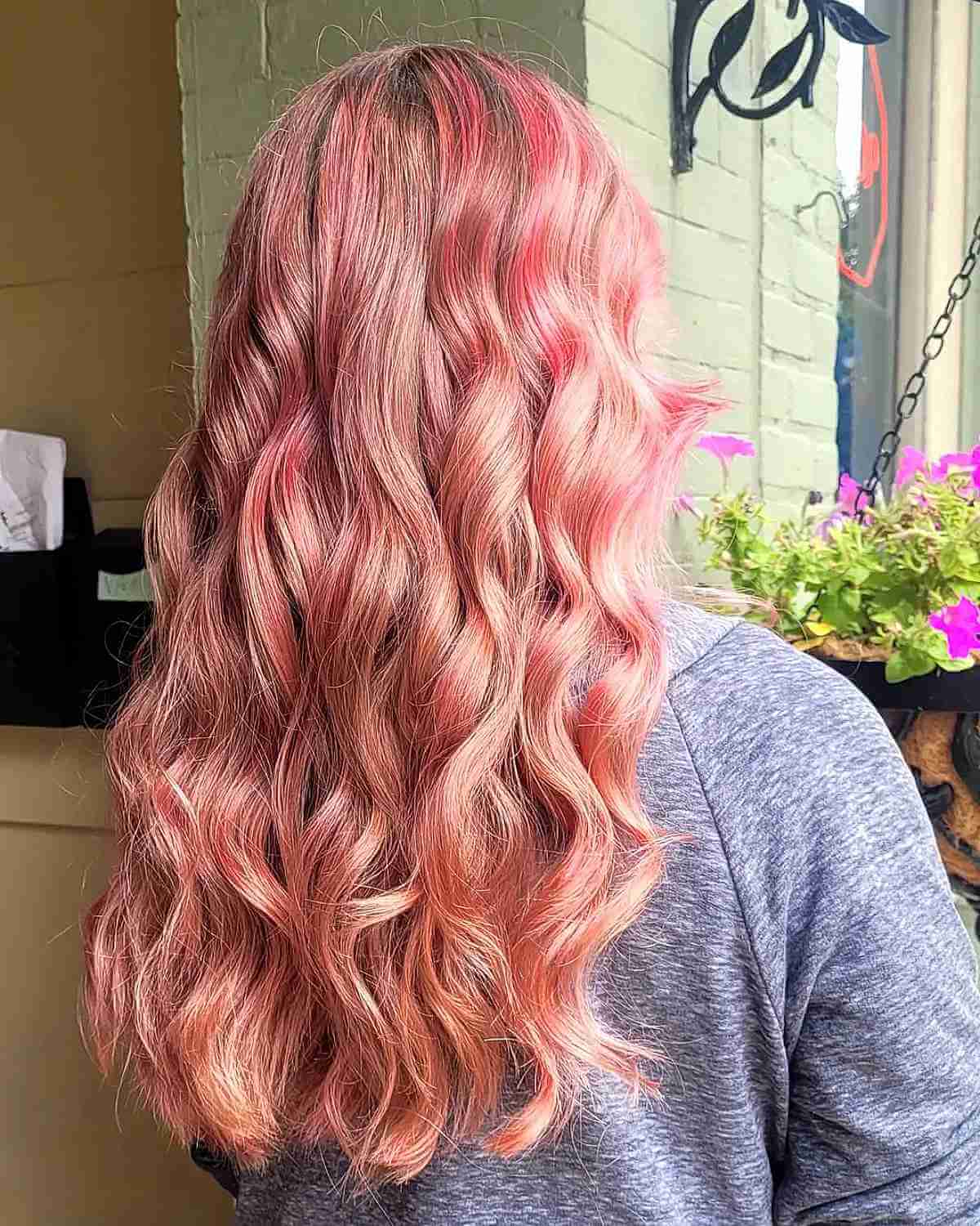 Long Bright Rose Gold Balayage Hair