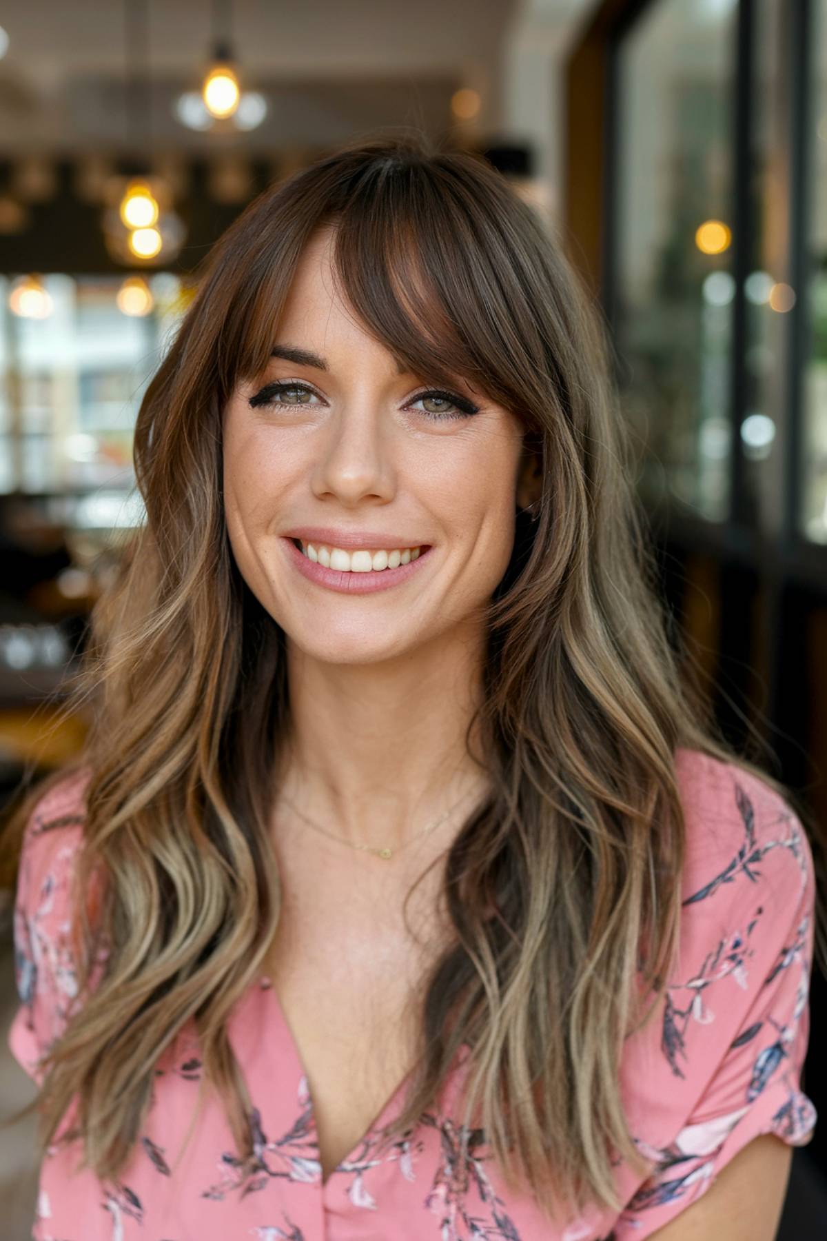 Long brown hair with curtain bangs wavy