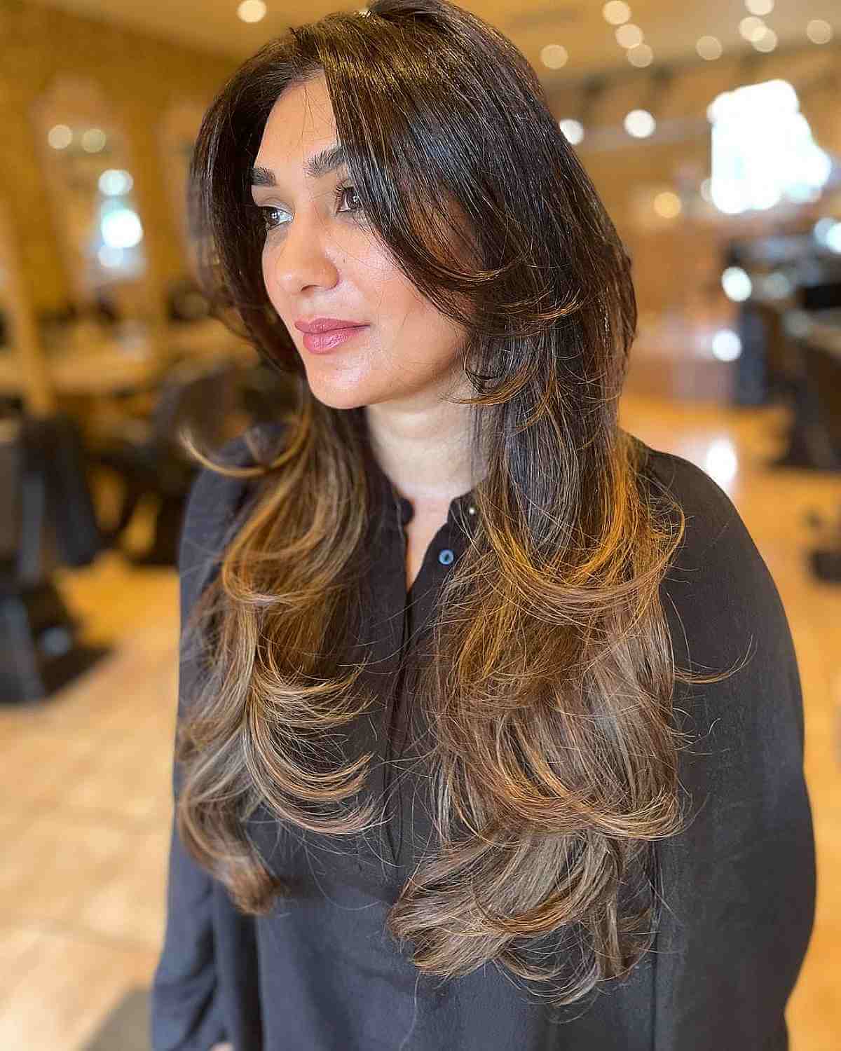 Long Brown Hair with Caramel Balayage and Wispy Layered Ends