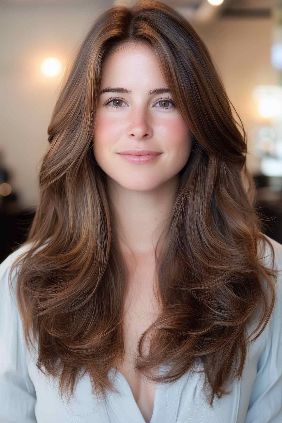 Brown hair with choppy, angled layers for a dynamic and textured look