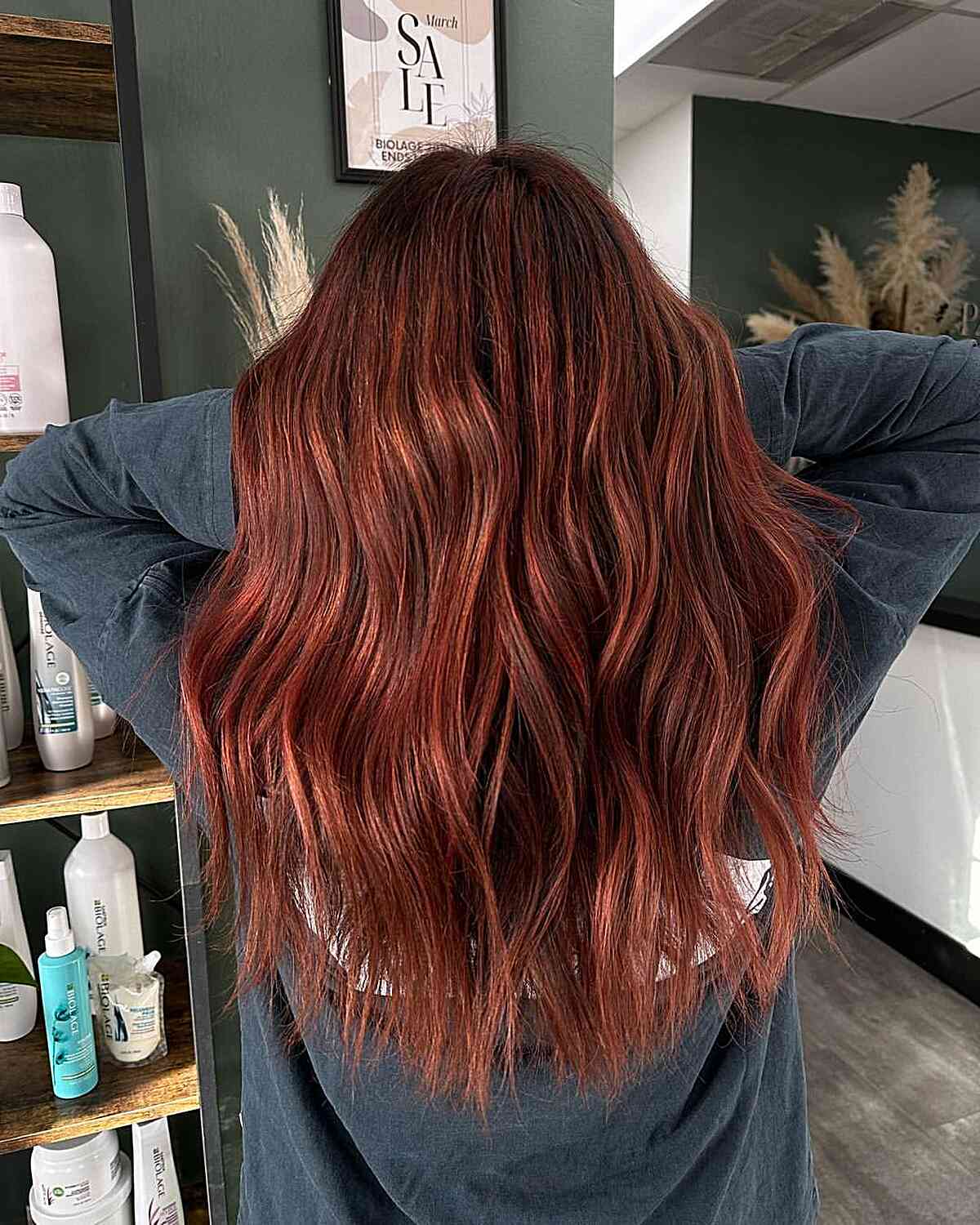 Long Brownish Cherry Red Balayage Hair with Choppy Ends
