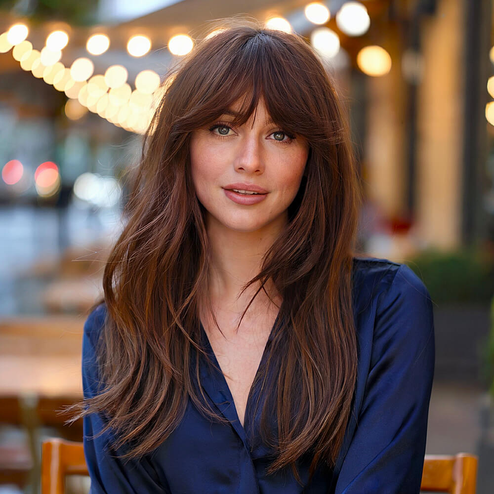 Long, brunette hair with soft curtain bangs and feathered layers for a lightweight, voluminous effect