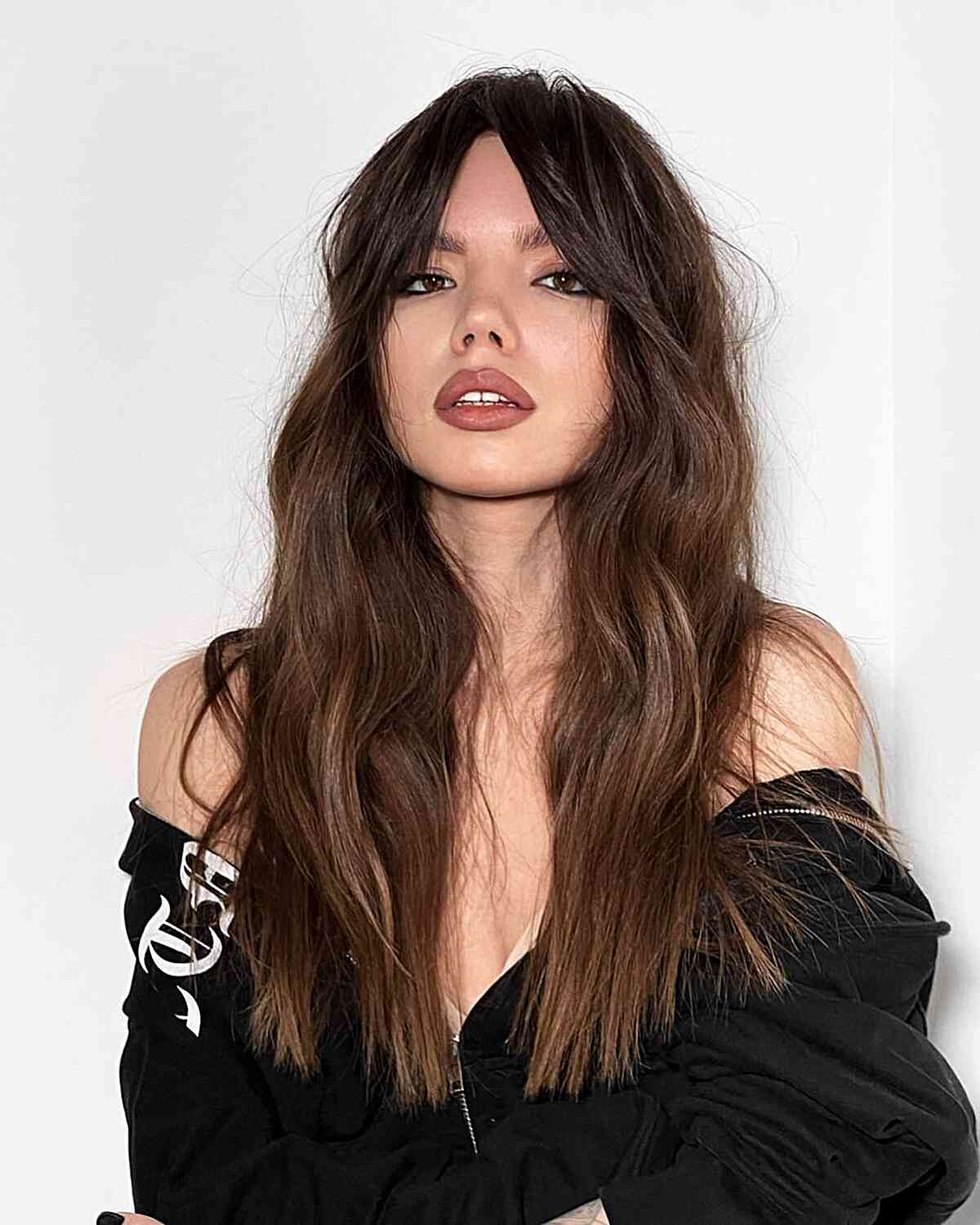 Long Brunette Waves with Thick Curtain Fringe for Square Faces