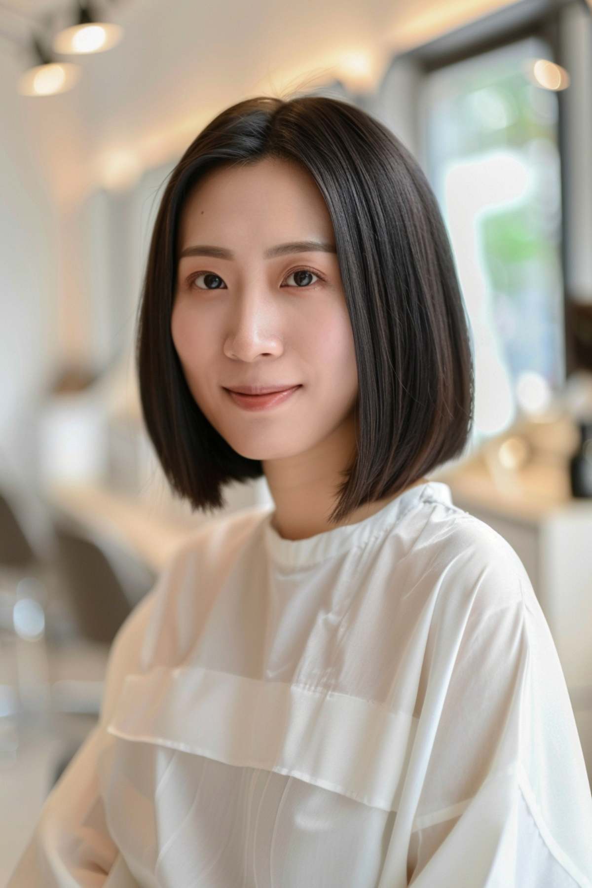 Shoulder-length blunt cut lob for thin, straight hair with a center part