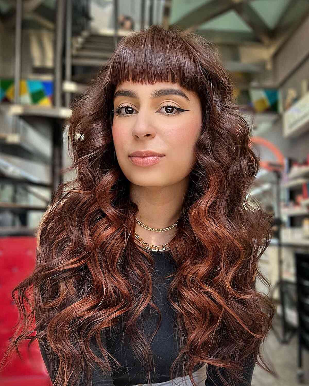 Long Chocolate Balayage with Fringe for women with wavy hair