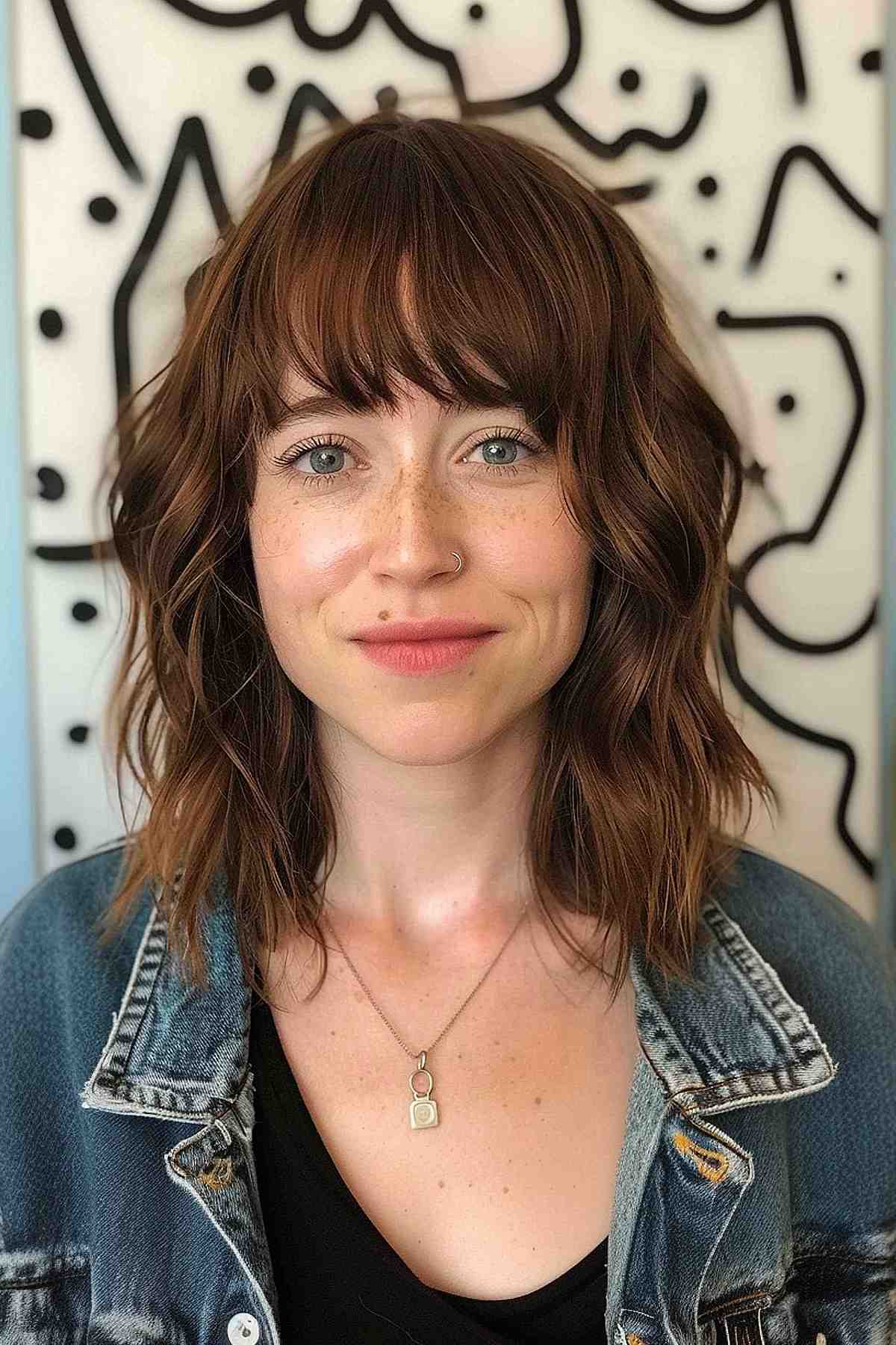Long choppy bob with textured layers and full bangs for medium to thick wavy hair.