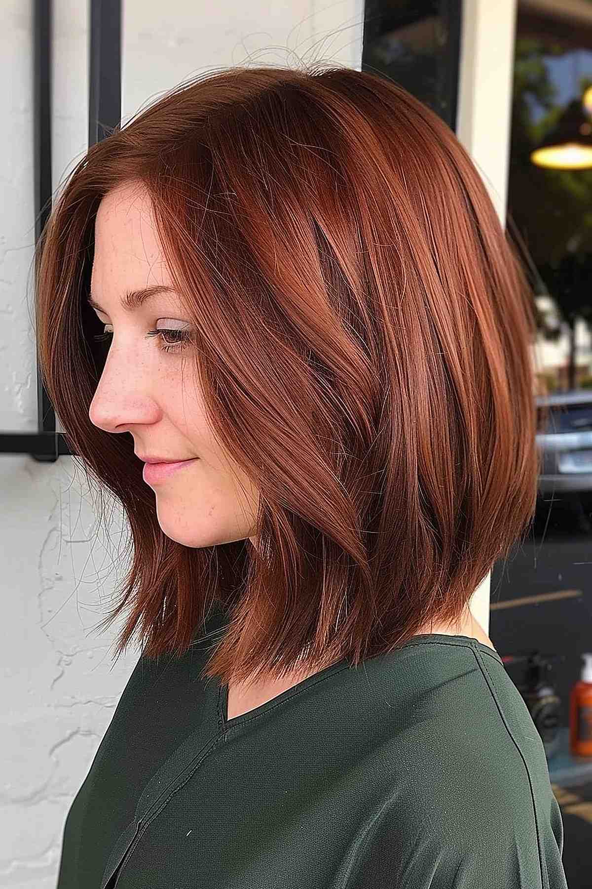 Long choppy graduated bob with rich auburn color and face-framing layers for medium to thick hair.