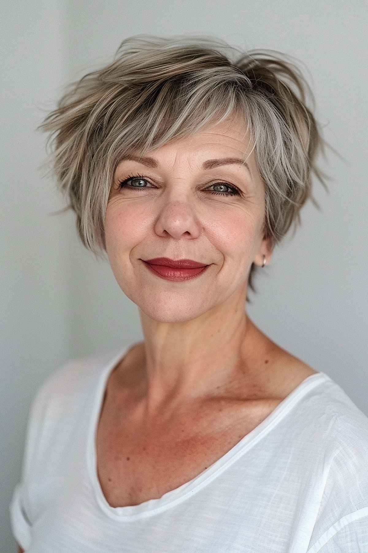 Woman with a long choppy pixie cut, textured layers, and piecey bangs