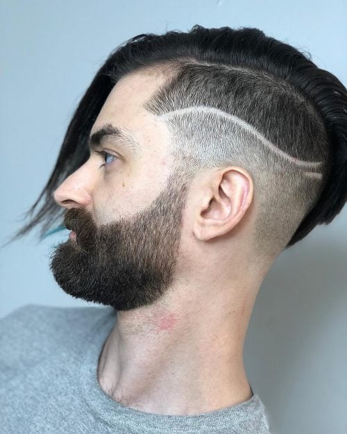 Comb Over Fade with Shaved Line for Long Hair