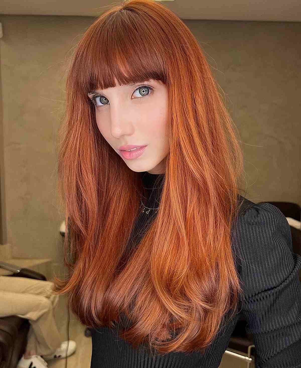 Gorgeous Long Copper Hair with Full Bangs