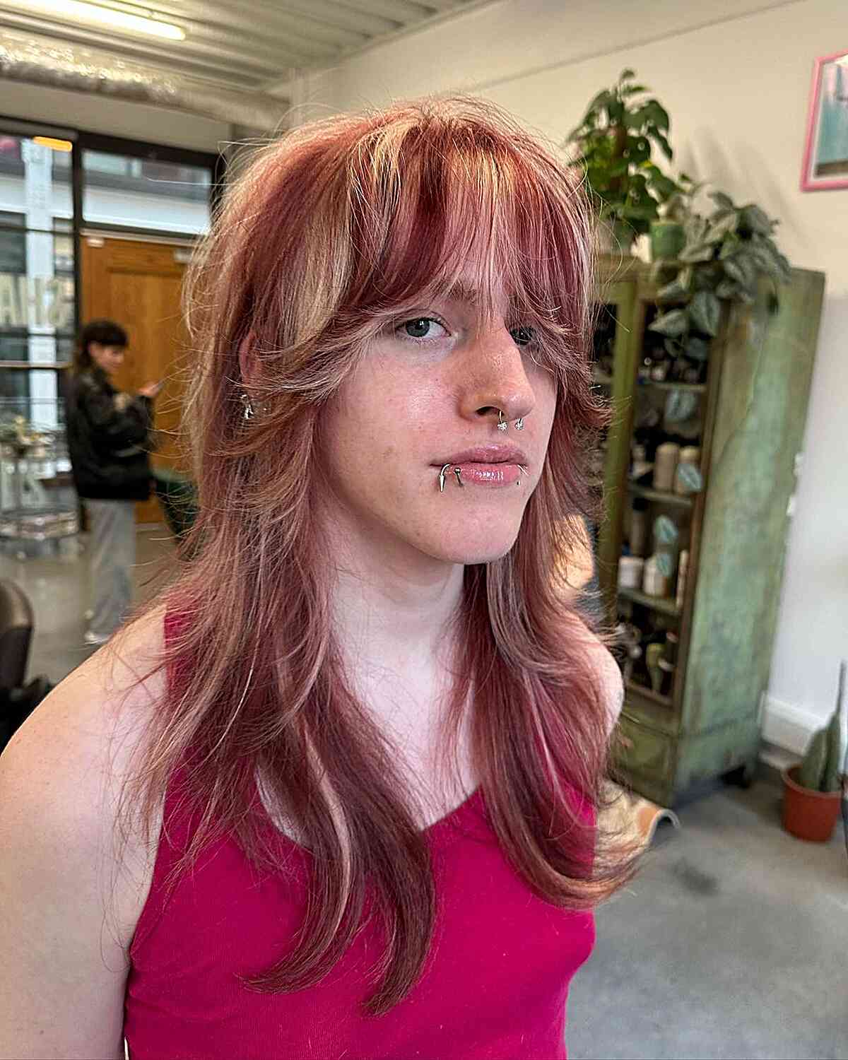 Long Copper Red Hair with Face-Framing Blonde Highlights