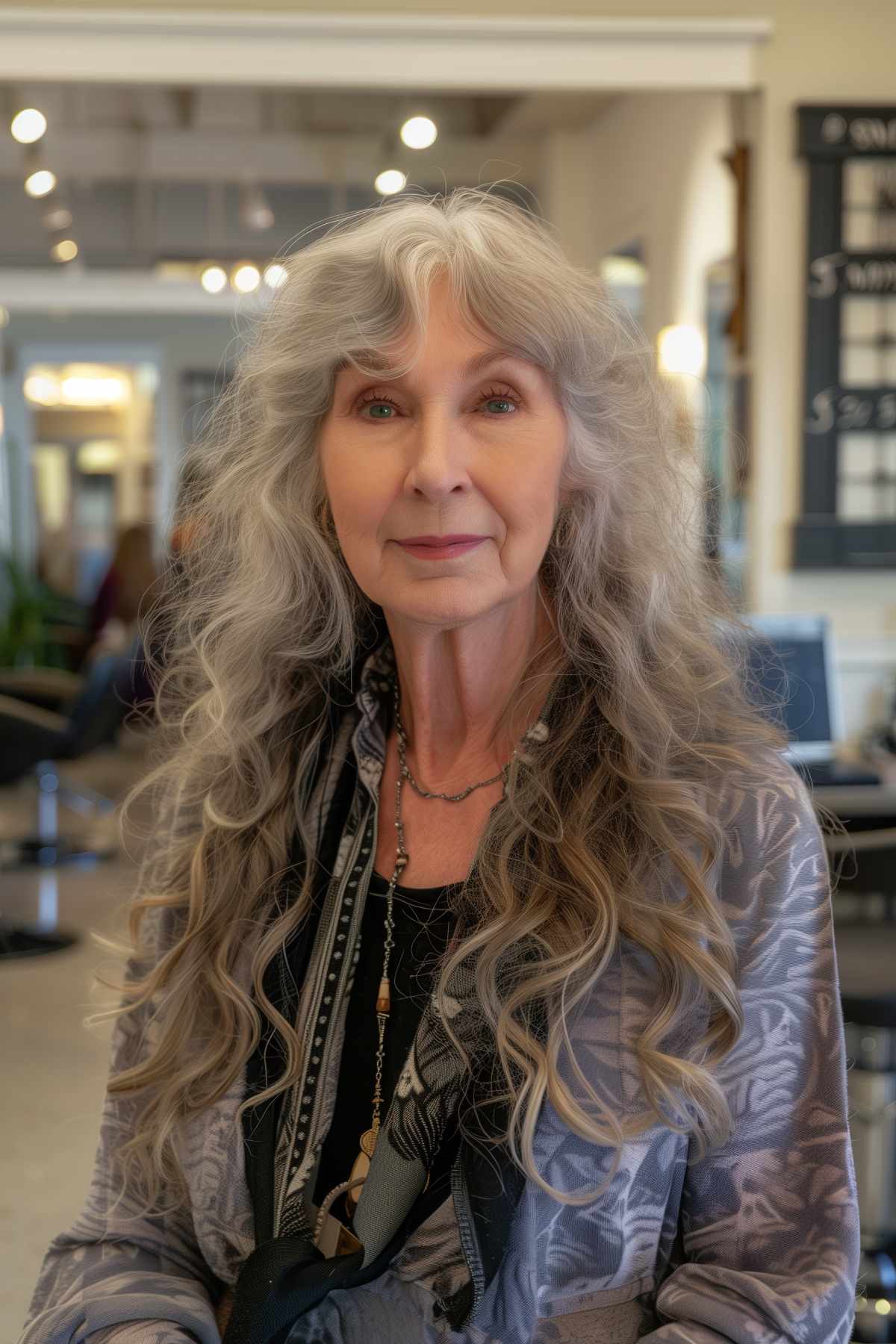 Older woman with long, curly hair and subtle bangs