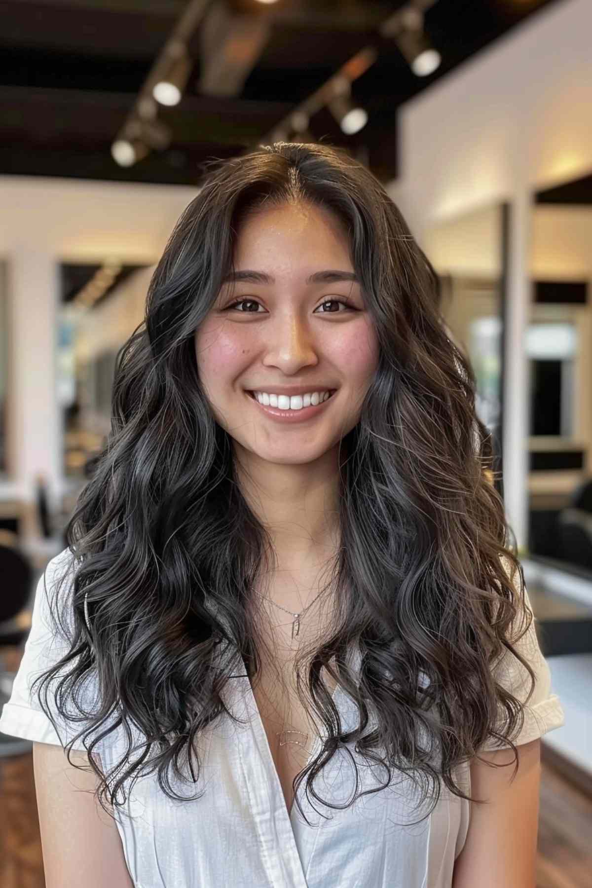 long curly hair with face frame for asian women