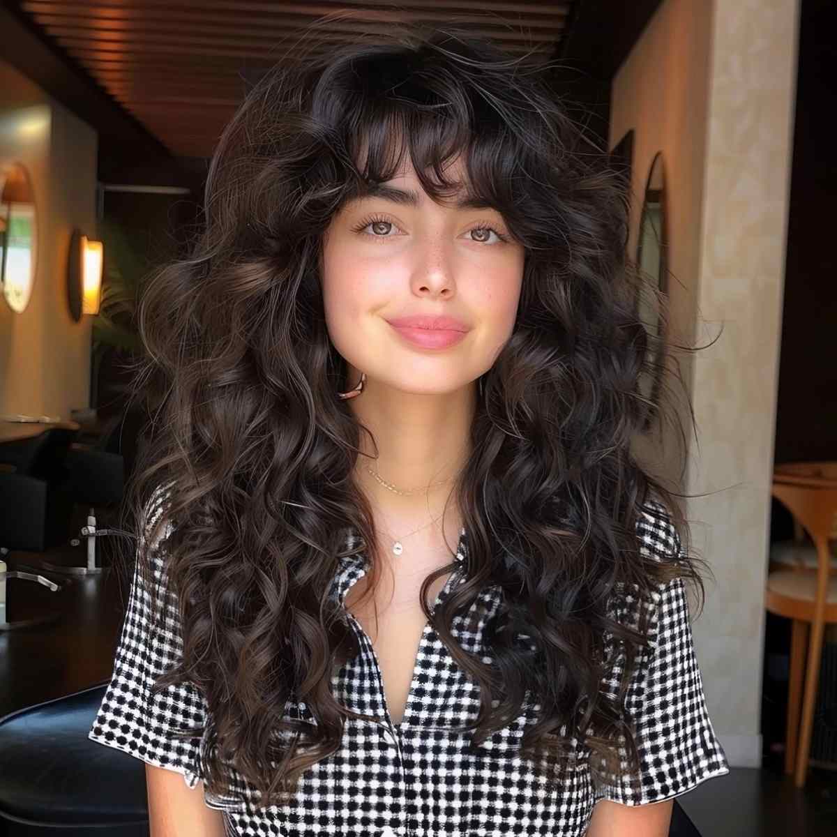 Playful Long Curly Hair with Bangs