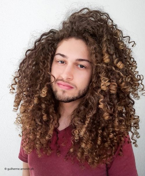 long curly hair with side part